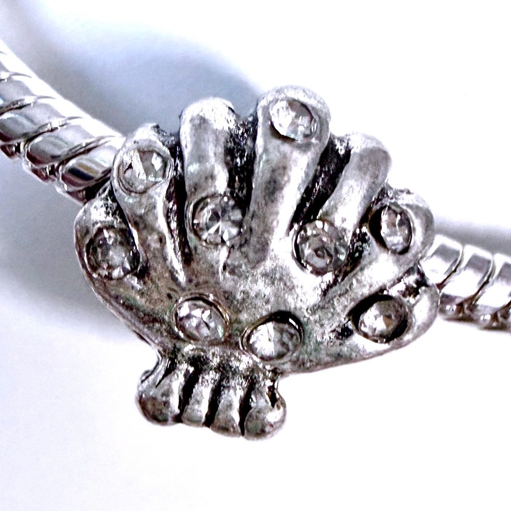 Pandora-like Bead Charm Fits Snake Chain Bracelet Seashell Silver Rhinestone
